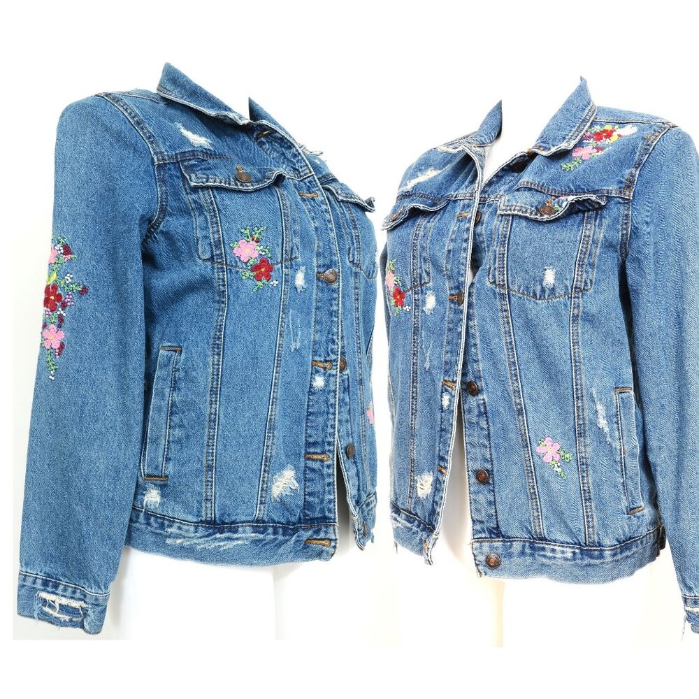 Wax Jean Jacket Womens LG Trucker Denim Floral Embroidery Distressed Y2K Cowgirl